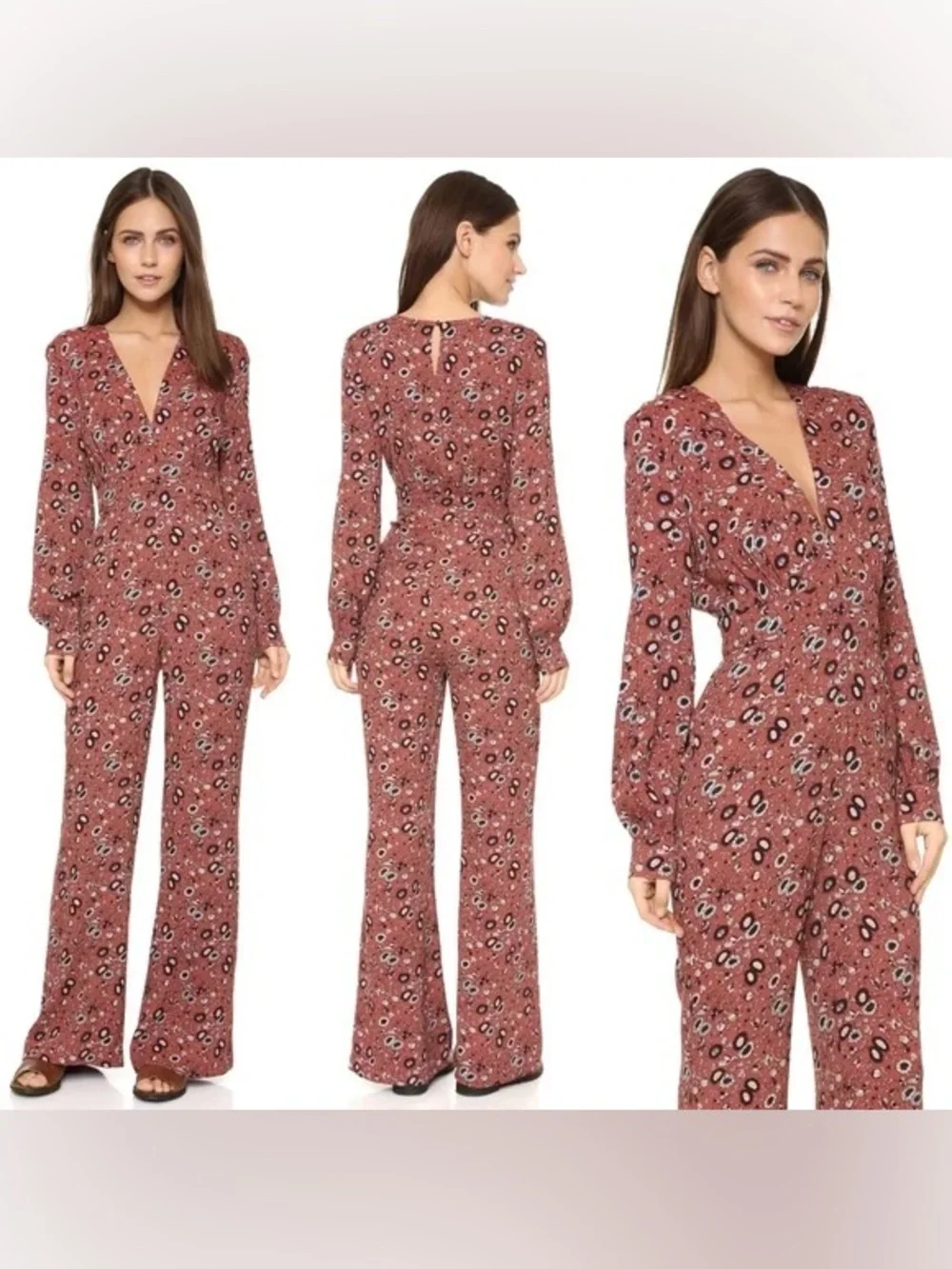 Free People Womens Some Like It Hot Long Sleeve Flared Jumpsuit 70s Rust Boho